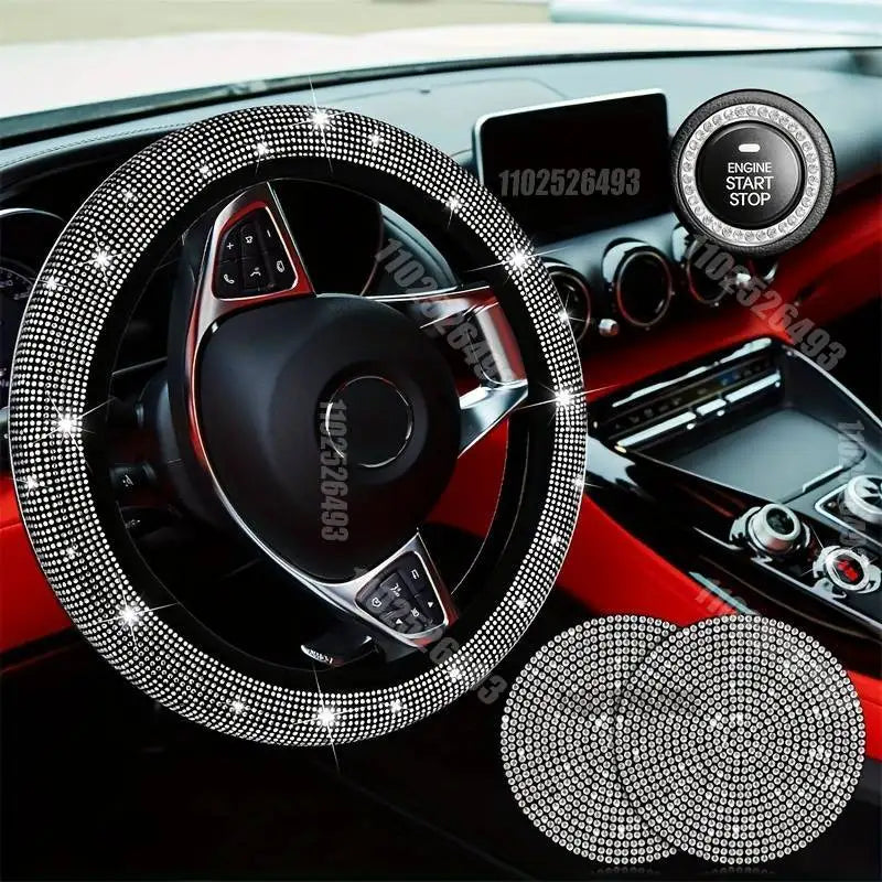 Car Accessories Set 27/4Piece Women Bling Universal Fit Polyester Steering Cover Shiny License Frame Phone Holder Coasters Tools