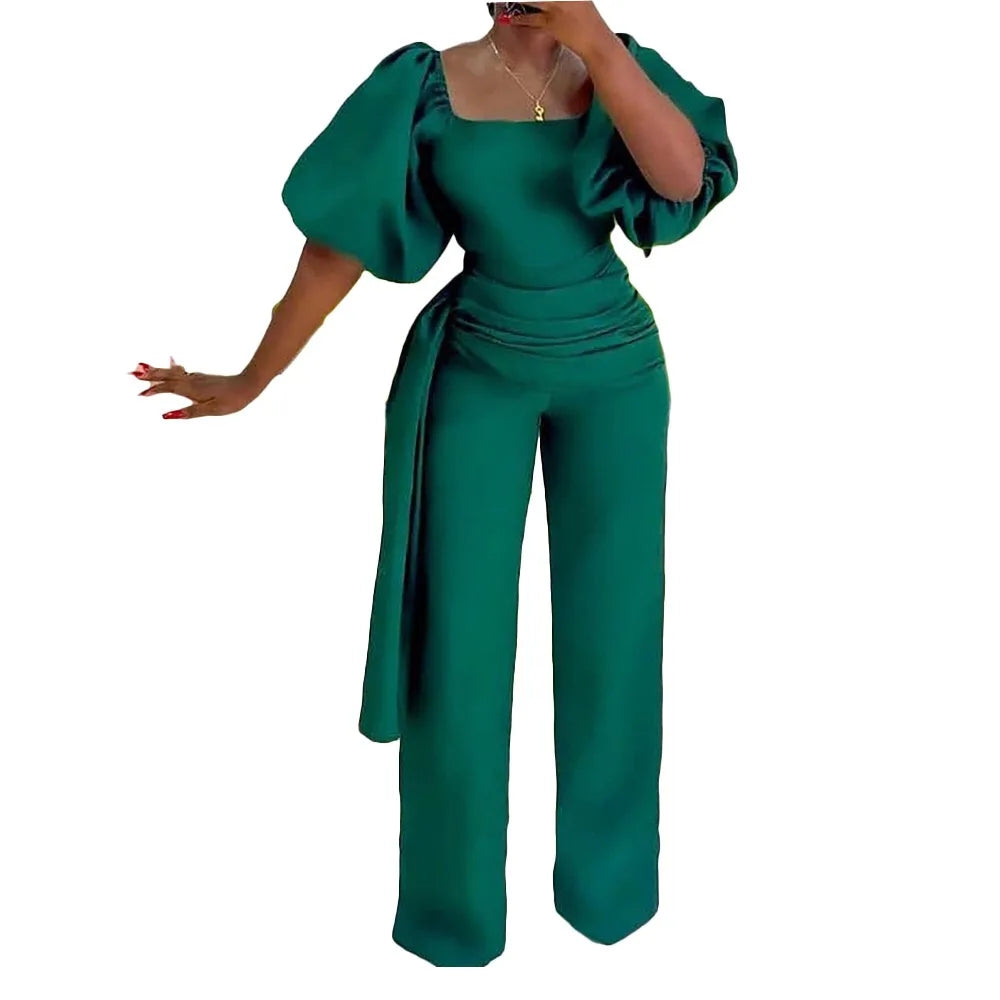 Elegant Jumpsuits for Women Luxury Square Neck Lantern Sleeve Big Swing Straight Female Birthday Party Dinner Outfits Overalls