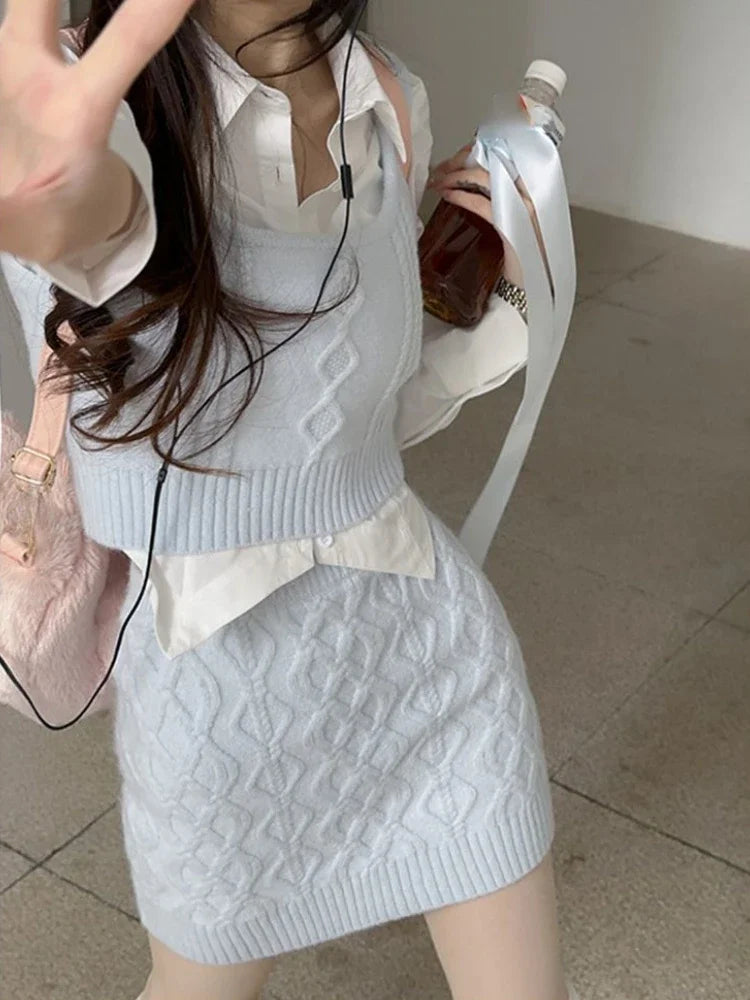 Spring Elegant Vintage Knitted Suits Women Even Party Clothing Korean 3 Piece Dress Set Office Lady Sweater Vest + Mini Skirt