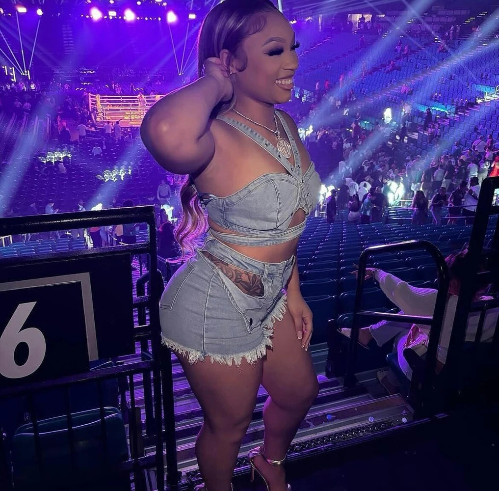 Sexy Jean Women Short Sets Straps Denim Crop Top and Cut Out Shorts Set 2025 Summer Clothes Streetwear Two 2 Piece Club Outfits