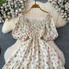 2024 New Summer Flower Print Long Dress Women Vintage Square Neck Ruched Chest Sash Bandage Sundress Party Vestidos