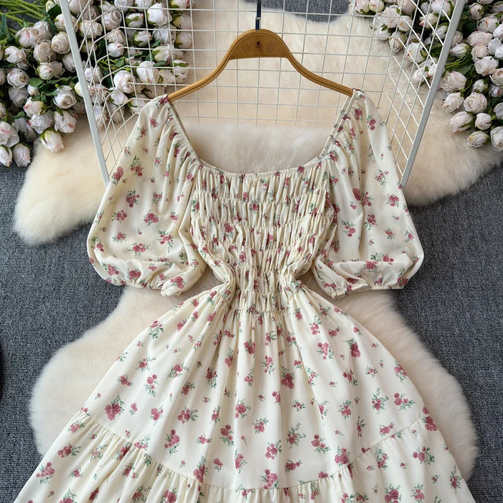 2024 New Summer Flower Print Long Dress Women Vintage Square Neck Ruched Chest Sash Bandage Sundress Party Vestidos