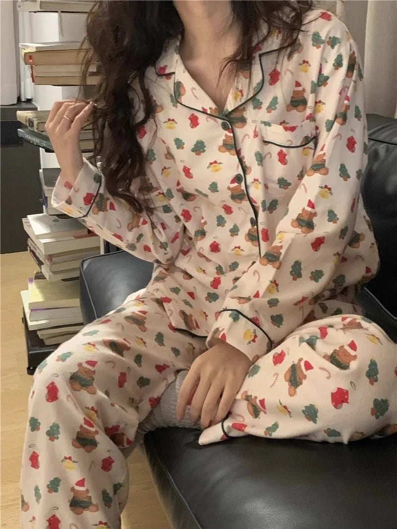 Christmas PJ Set Women Autumn Female Homewear Long Sleeves Button Sleepwear Pajamas Pants Pajama Sets Kawaii Y2K Girls Nightwear