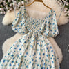 2024 New Summer Flower Print Long Dress Women Vintage Square Neck Ruched Chest Sash Bandage Sundress Party Vestidos