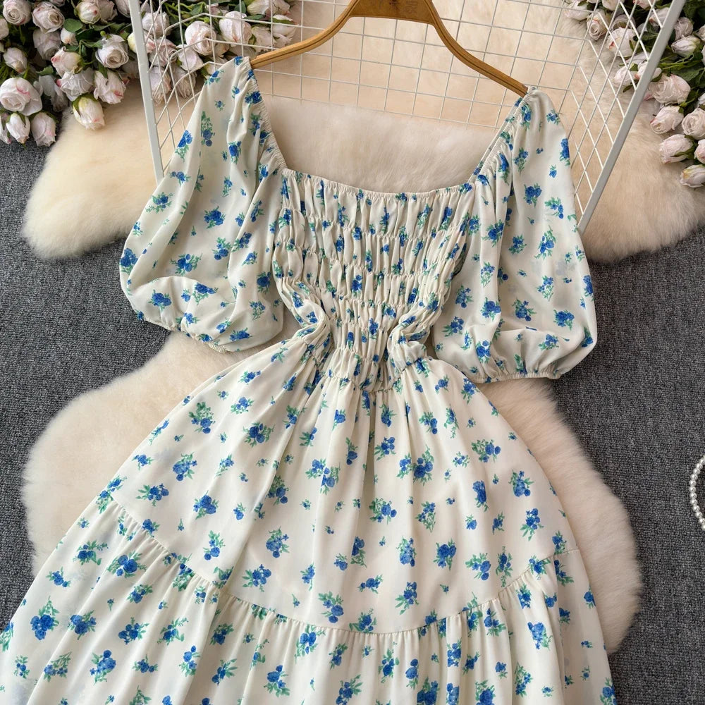 2024 New Summer Flower Print Long Dress Women Vintage Square Neck Ruched Chest Sash Bandage Sundress Party Vestidos