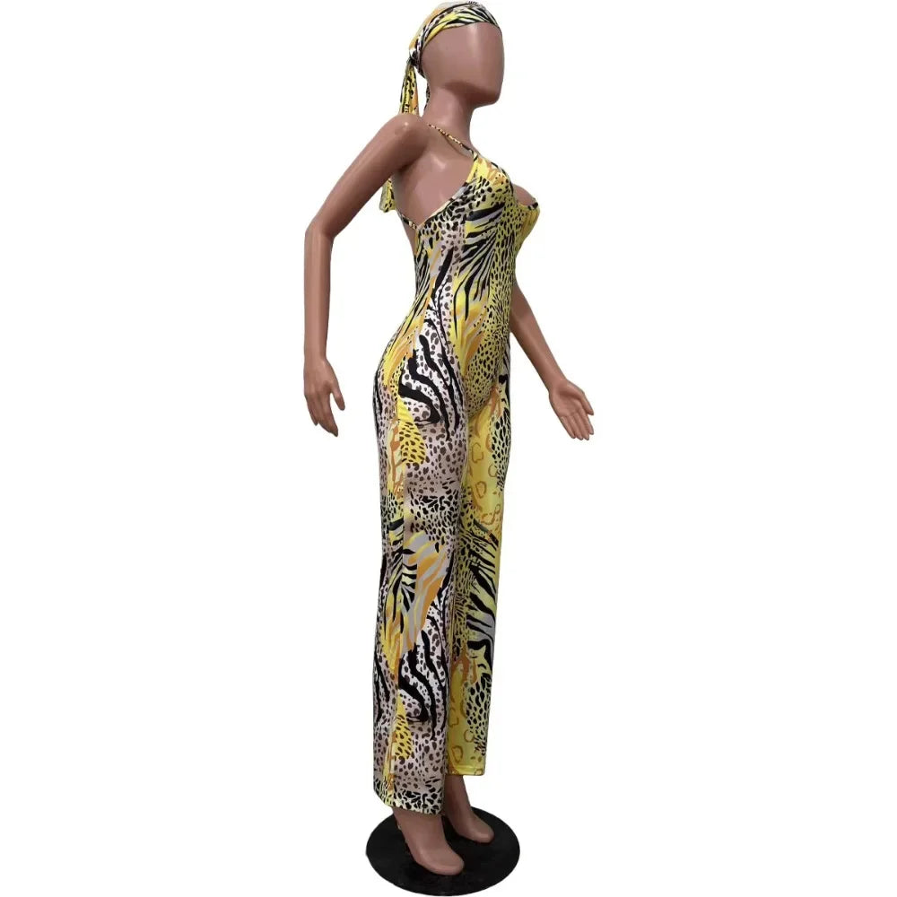 HLJ Sexy Leopard Print Bodycon Jumpsuits Women Thin Strap Sleeveless V Neck Wide Leg Pants Playsuit Female Overall With Scarf