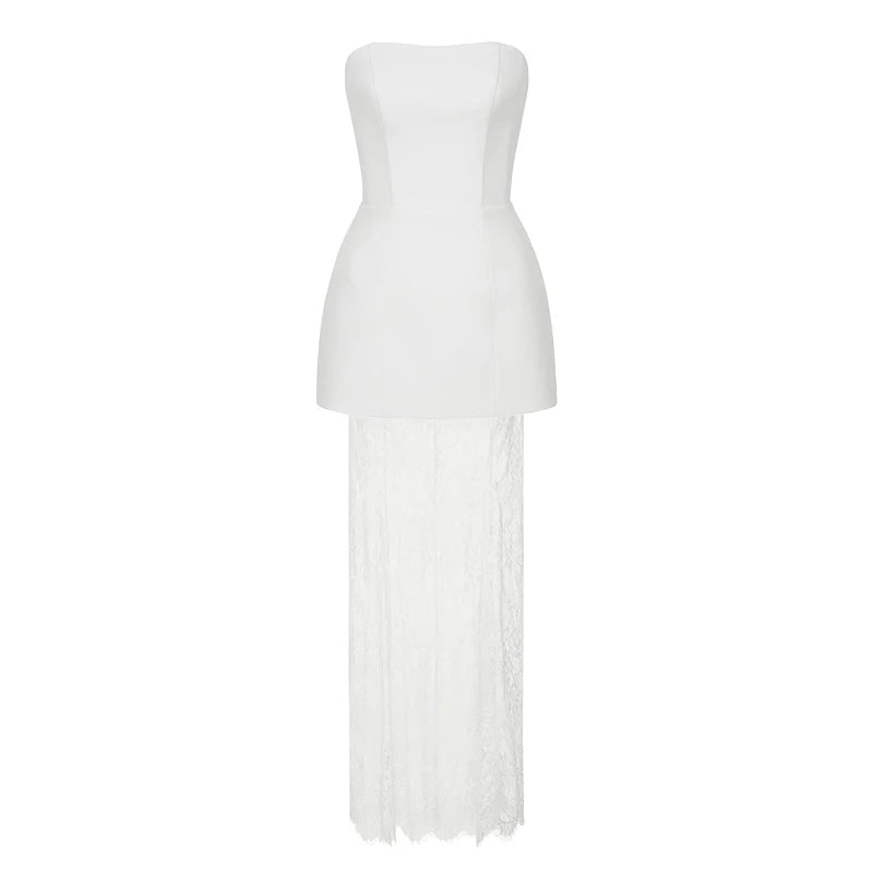 Tornova Strapless Lace Dress Sets Female Elegant Sexy Strap Vest High Waist Splice Long Skirt Ladies Slim Banquet 2 Pieces Set