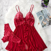 Contrast Lace Ruffle Trim Lingerie Set, Deep V Slip Dress & Thong, Women's Sexy Lingerie & Underwear