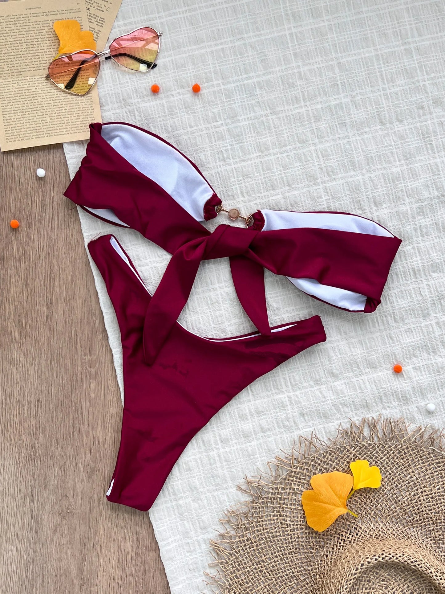 2025 New Sexy Burgundy Bikini Set with Gold Detail- Bandeau Top with High-Cut Bottoms, Perfect for Summer Beach and Pool Parties