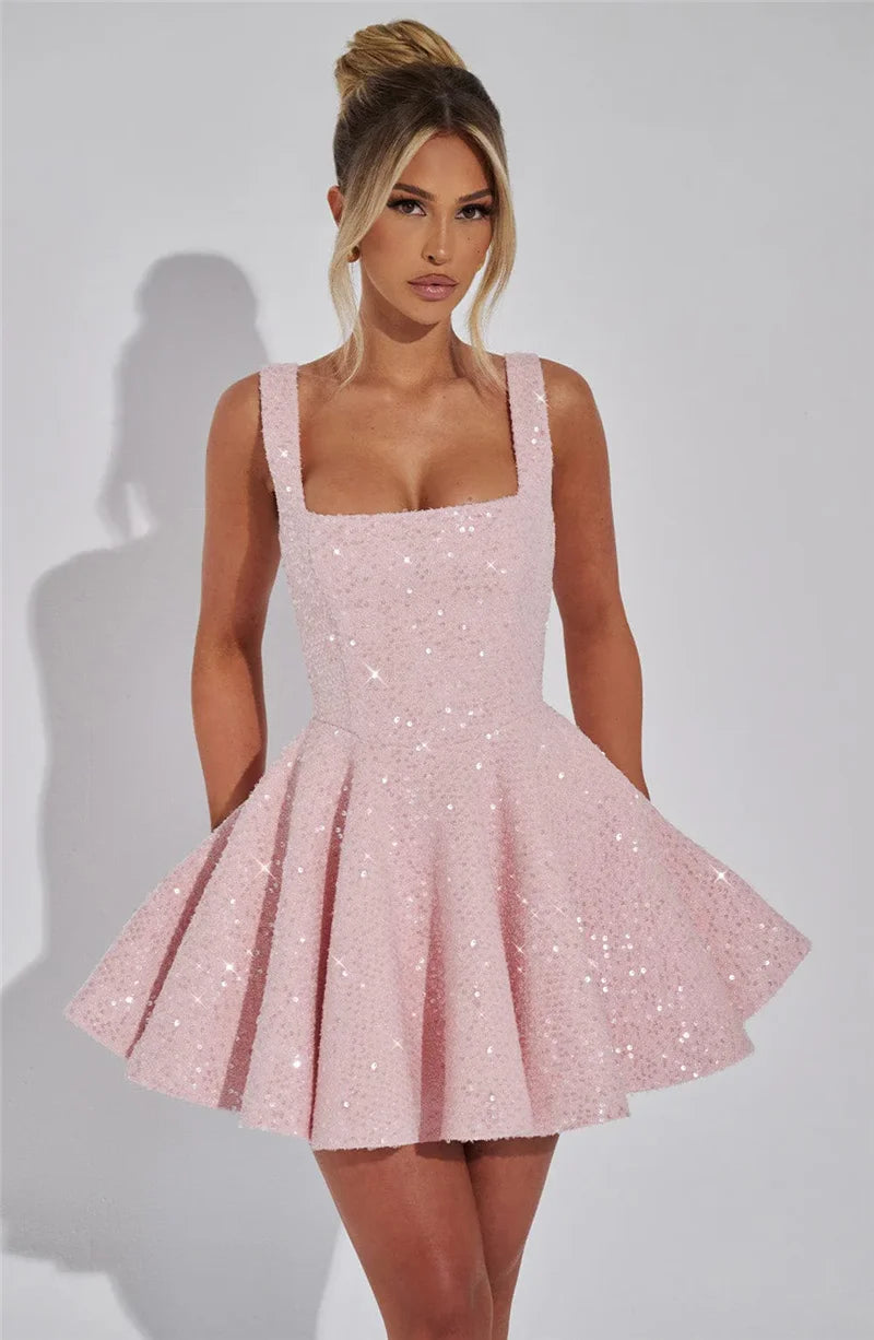Mozision Sequins Bow Backless Sexy Mini Dress For Women Robe Fashion Square Collar Sleeveless High Waist A-line Club Dress