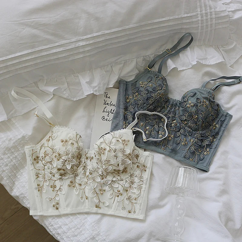 Three-dimensional embroidered bra sexy lace fish bone corset widened breasted with steel ring 2/1 half cup bralette underwear