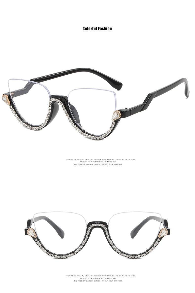 Vintage Half Frame Diamond Anti Blue Light Optical Glasses Frames Brand Designer Women Fashion Cat Eye Computer Eyeglasses