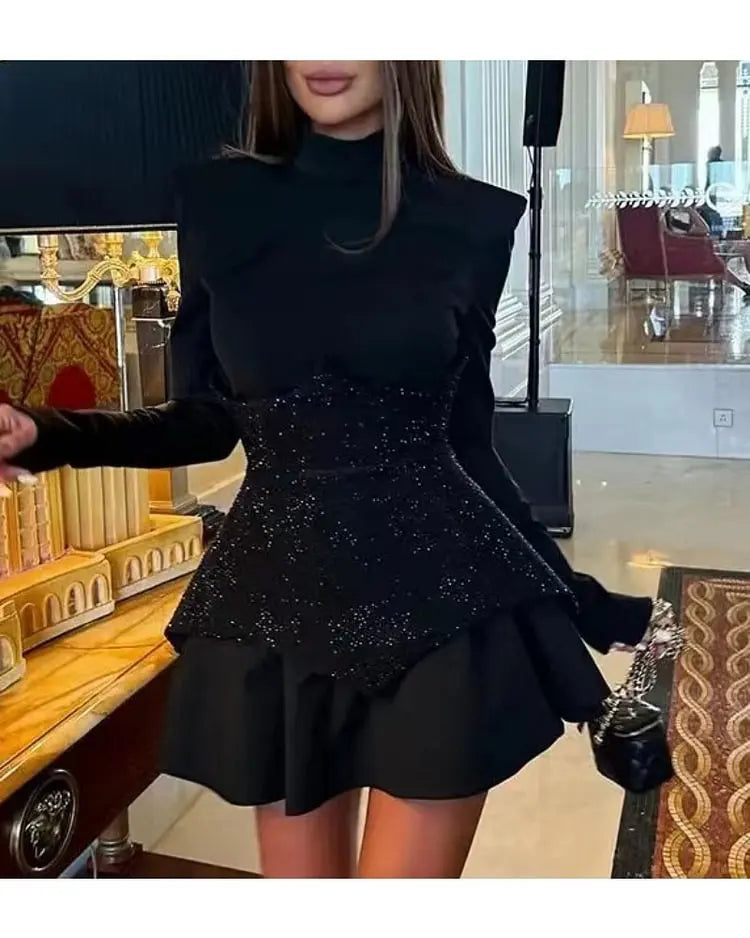 New Fashion Splicing Sequins Long-sleeved Crew Neck Short Dresses Sexy Party Vacation Little Black Dress for Women