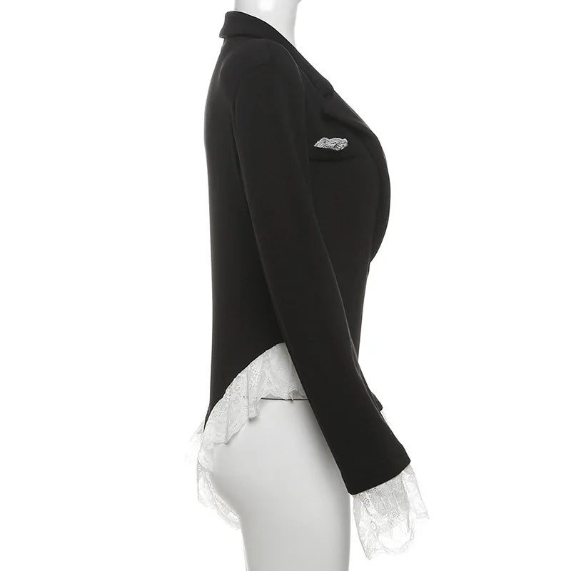 Joskaa Women Lace Patchwork Black Blazer Bodysuits Sexy Deep V-Neck Long Sleeve One Piece Rompers Coquette Midnight Clubwear