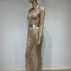 Festival Outfit Women High End Fashion Nude Color Rhinestone Mesh Long Sleeve O Neck Crop Top and Long Skirts Gala Two Piece Set