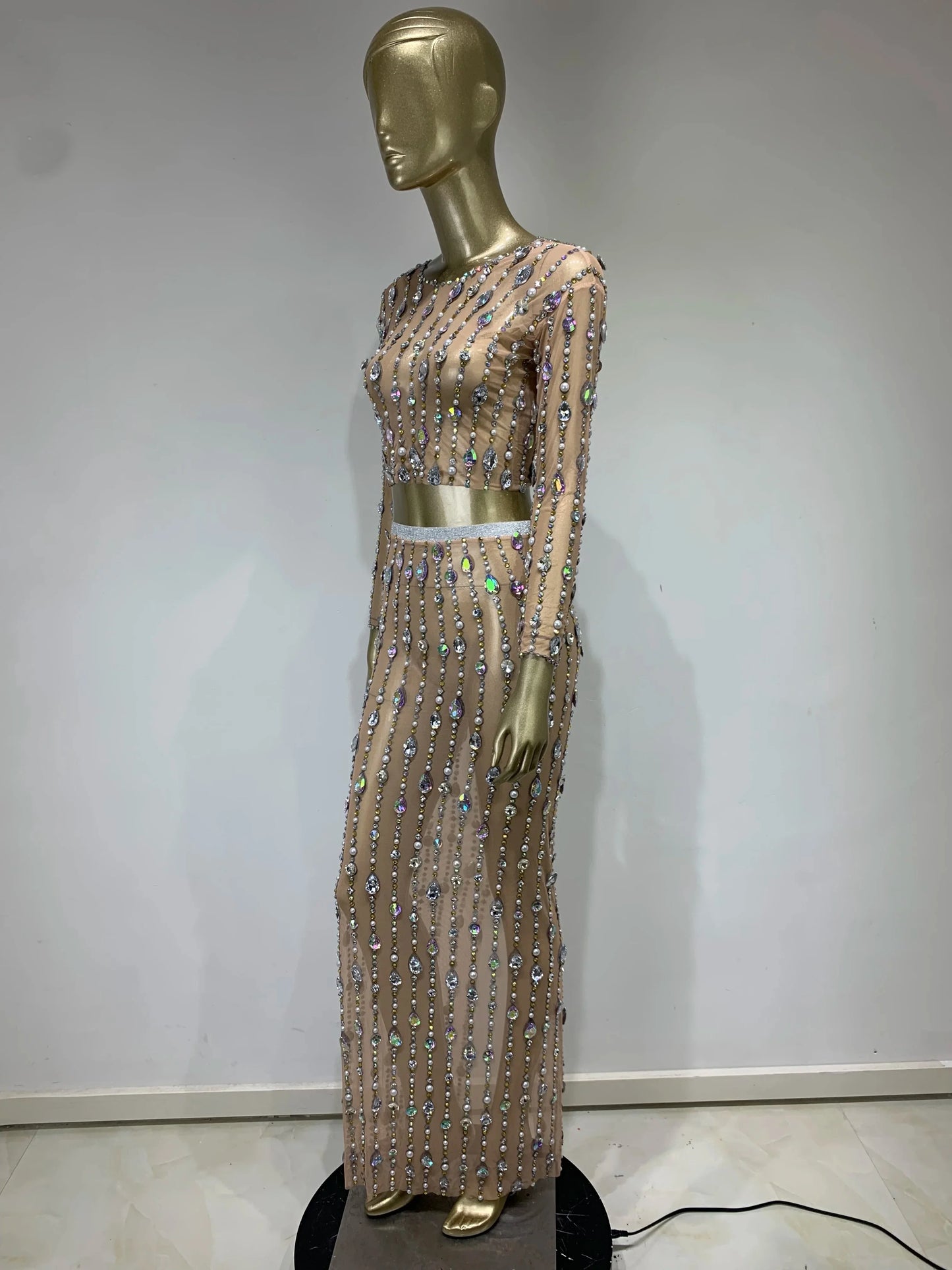 Festival Outfit Women High End Fashion Nude Color Rhinestone Mesh Long Sleeve O Neck Crop Top and Long Skirts Gala Two Piece Set