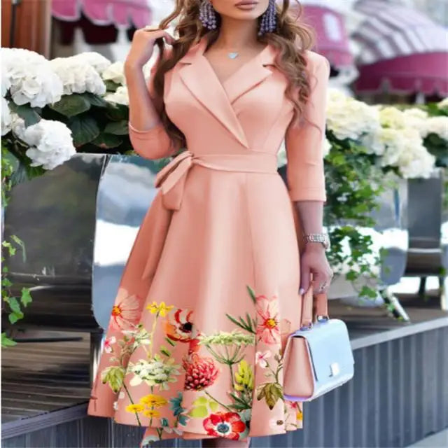 New Womens Dress Clothing Printing Suit Collar Tie Dress