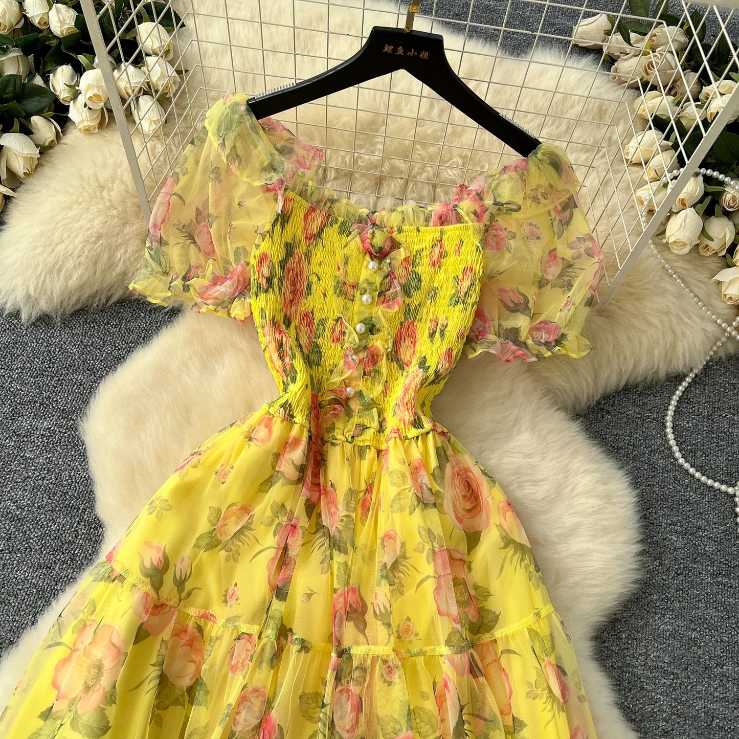Elegant Slash Neck Vintage Short Puff Sleeve Chic Print Slim Chiffon Dresses French High Street Evening Autumn Mesh Clothing