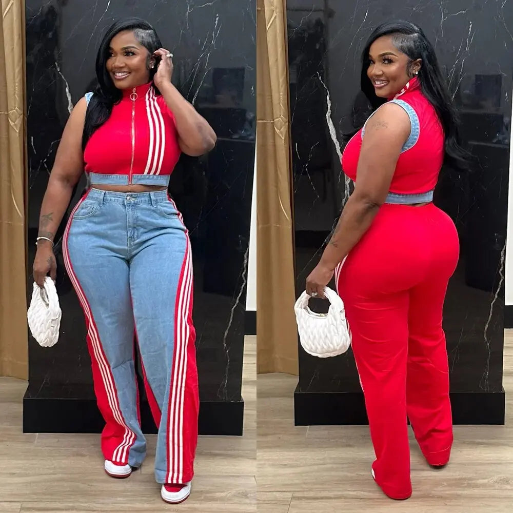 2 Pieces Women's Sets 2025 Spring Summer Denim Sleeveless Suit Tops And Wide Leg Pants Suits Two Piece Set Tracksuit Outfit