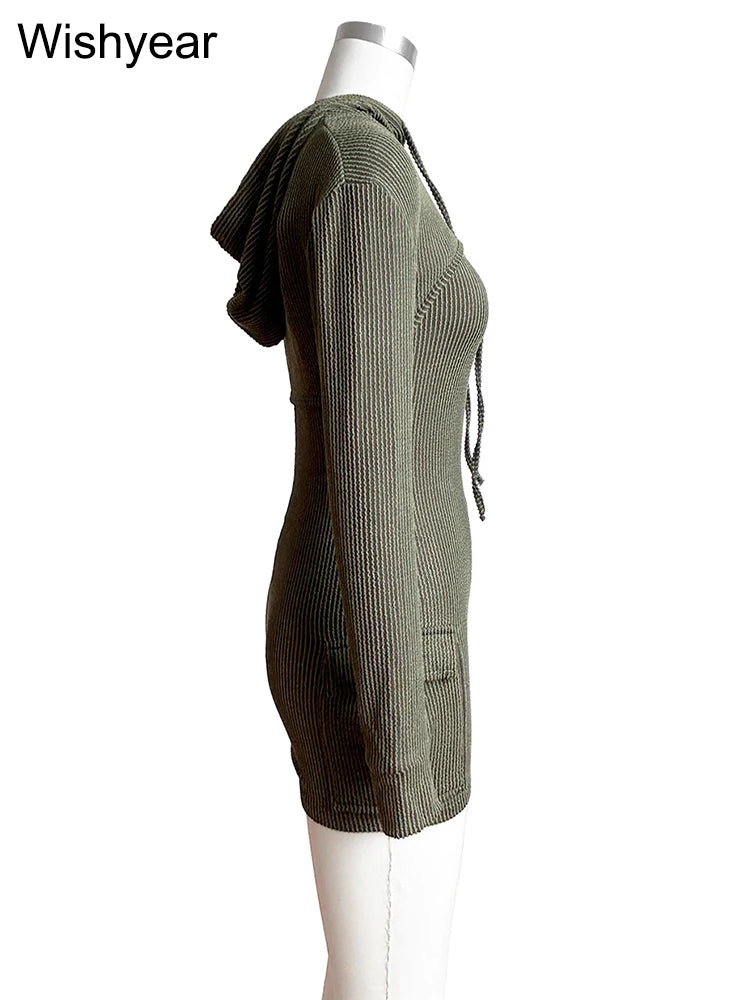 Women's Knitted Ribbed Cargo Pocket Playsuits with Hooded Long Sleeve Top Outfits Jumpsuits Shorts Overalls Birthday Clubwear