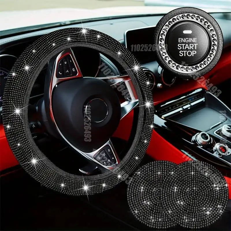 Car Accessories Set 27/4Piece Women Bling Universal Fit Polyester Steering Cover Shiny License Frame Phone Holder Coasters Tools