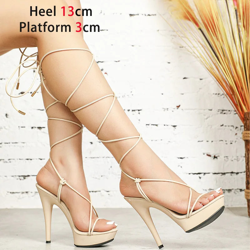2023 New Lace-up Sandals Women Platform Summer Ladies Shoes Fashion Thin Band High Heels Pumps Plus Size Nightclub Stripper Show