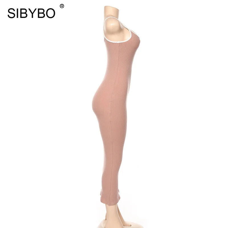 SIBYBO Ribbed Spaghetti Strap Cotton Dress Women Sleeveless O-Neck Summer Dress Solid Backless Long Party Dress
