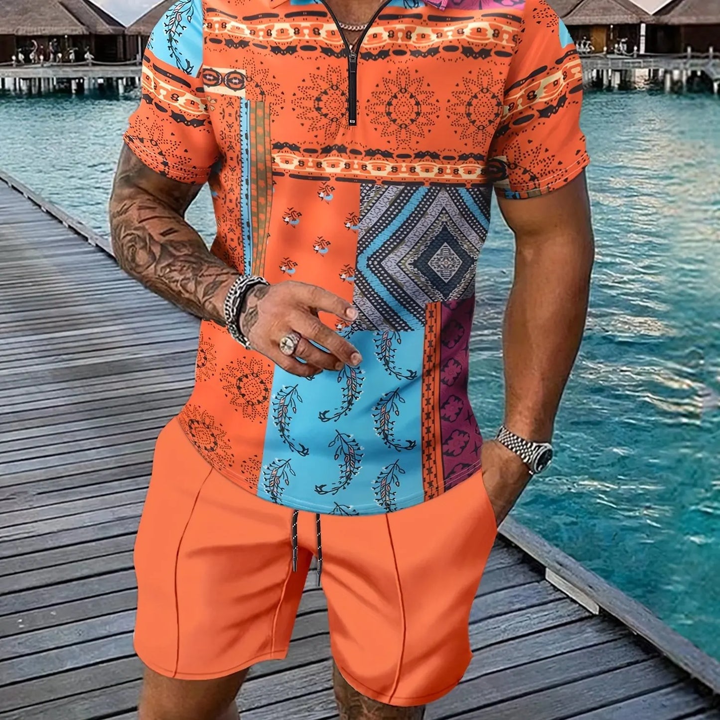 Retro national Style Totem 3D Print Men's Sweatsuit Set Summer Zipper Polo Shirt + Shorts 2pcs Sets Man Clothing Tracksuit Set