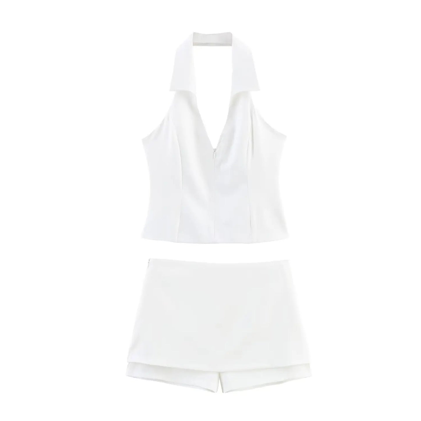 HH Women Pink 2 Piece Set Sexy V-Neck Sleeveless Backless Suspender Zipper Top+High Waist Back Pocket Mini Skirts Shorts Y2K