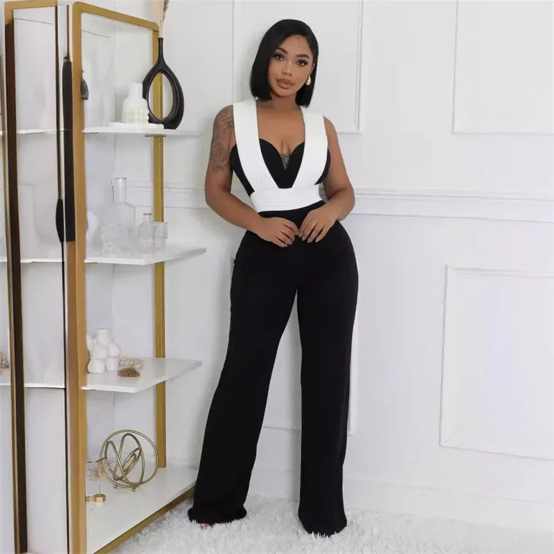 Elegant Fashion Overall Jumpsuit Women Night Club Party Sleeveless Patchwork Birthday Bandage Wide Leg Rompers Combinaison Femme