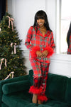 Women New Year Pajamas Set Christmas Party Loungewear Long Sleeve Feather Shirt Pants Sleepwear Santa Claus Night Wears Pyjamas