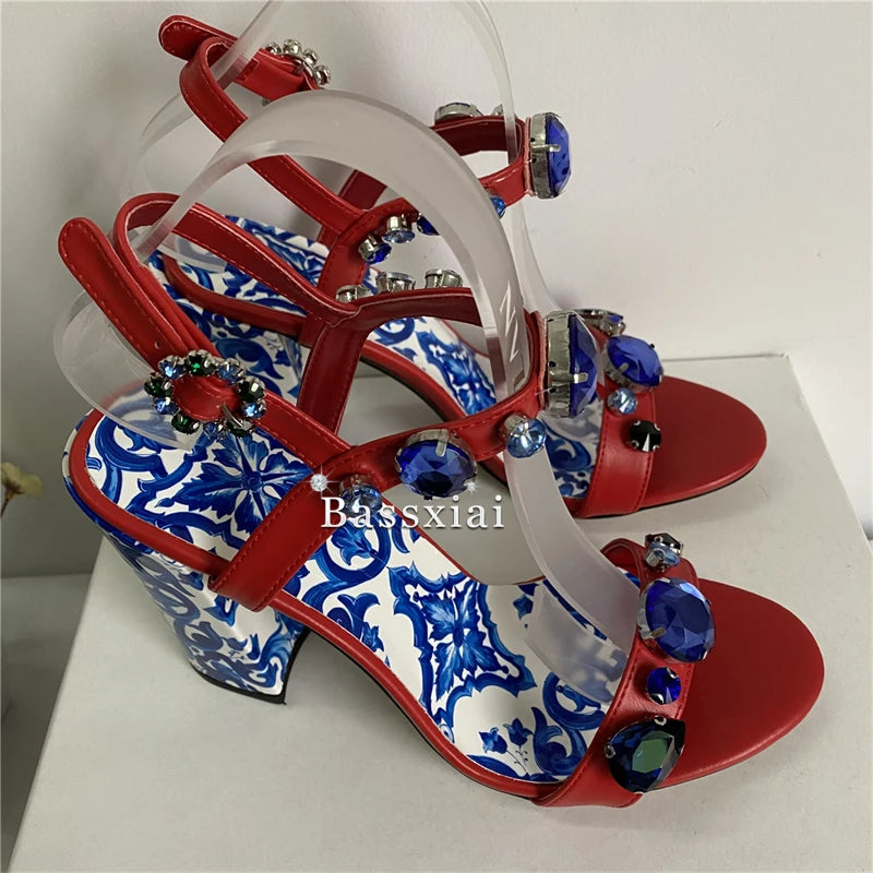 Luxury Diamond Crystal Decor Modern Sandals Women Blue And White Porcelain Print Ankle Strap Summer Shoes For Girls