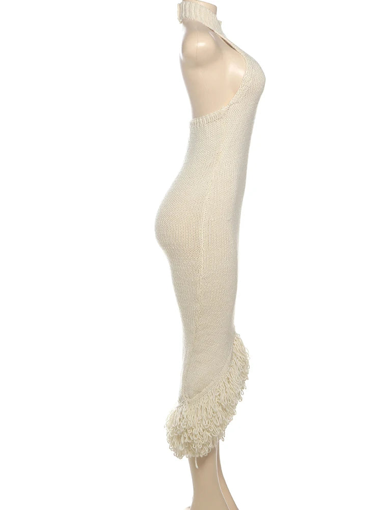Weird Puss Knit Backless Dress Women Sleeveless Halter Summer Sexy Tassel Irregular Hem Clubwear Stretch Hipster Party Vestidos
