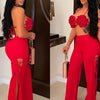 2022 Summer Women 2 Piece Set Floral Bra Tops and High Side Split Lace Up Wide Leg Pants Set Sweatsuit Tracksuit Outfits