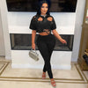 Spring Summer Fashion Solid Two Piece Set Women Sexy Perforated Round Neck Short Sleeve Top Tight Pants Casual Two Piece Set