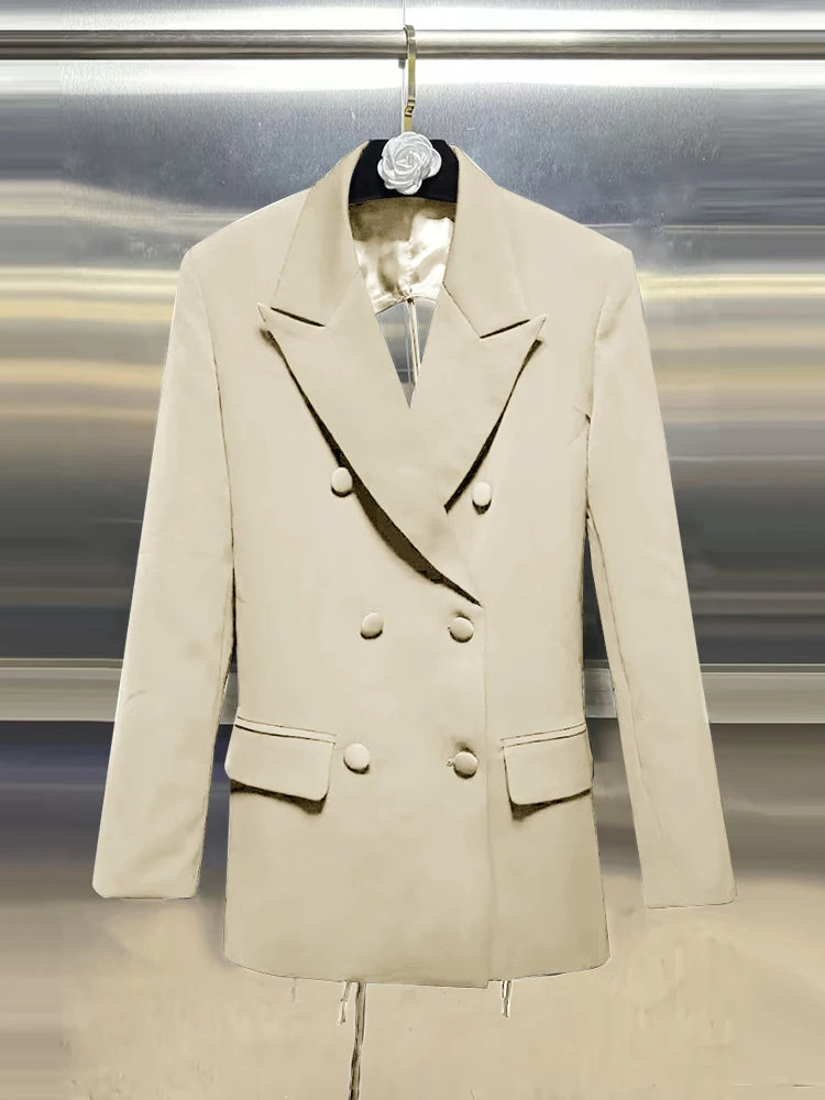 VGH Minimalist Patchwork Drawstring Solid Blazers For Women Notched Collar Long Sleeve Backless Hollow Out Blazer Female Style