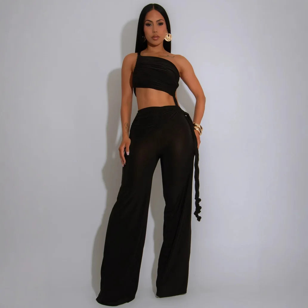 FAGADOER Sexy Ruched Patchwork Bodycon Jumpsuits for Woman Halter Sleeveless Wide-leg Romper Female Streetwear Overalls 2025 New