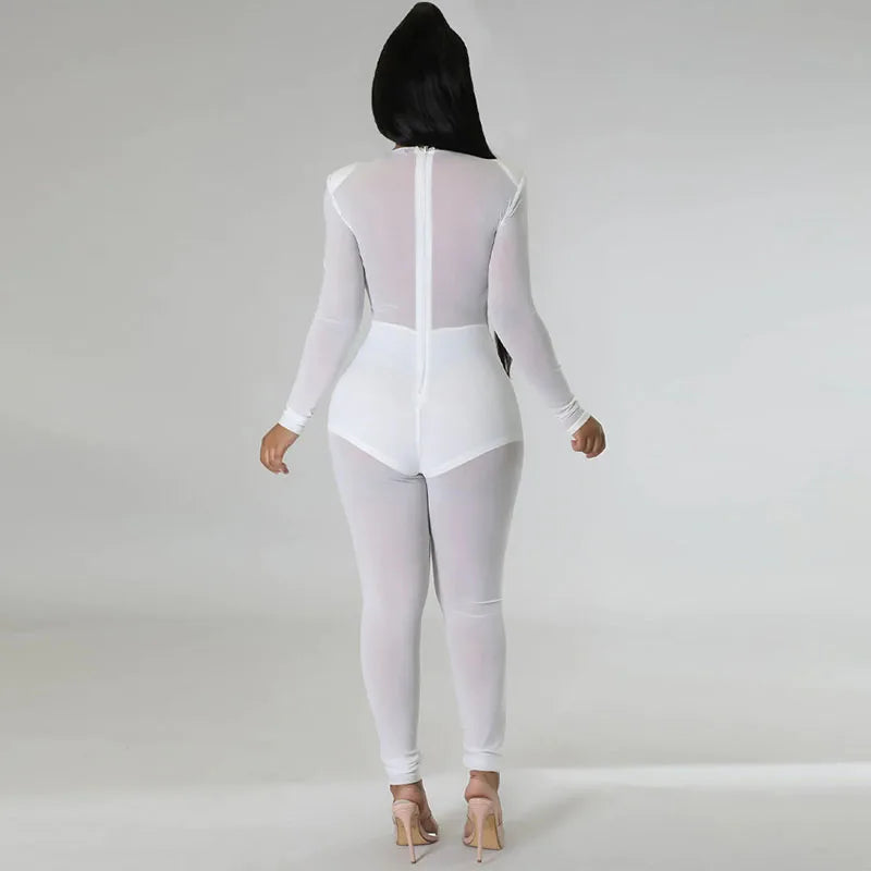 Sexy Mesh Patchwork Sheer Night Club Bodycon Jumpsuit for Women See Through One Piece Rompers Clubwear Party Birthday Outfits