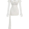 New Sexy Gloves Long Sleeves Cutout Pleated Draped Mini Dress Women Red/White Lace Floral Bodycon Dresses Party Cocktail Club