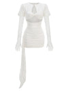 New Sexy Gloves Long Sleeves Cutout Pleated Draped Mini Dress Women Red/White Lace Floral Bodycon Dresses Party Cocktail Club