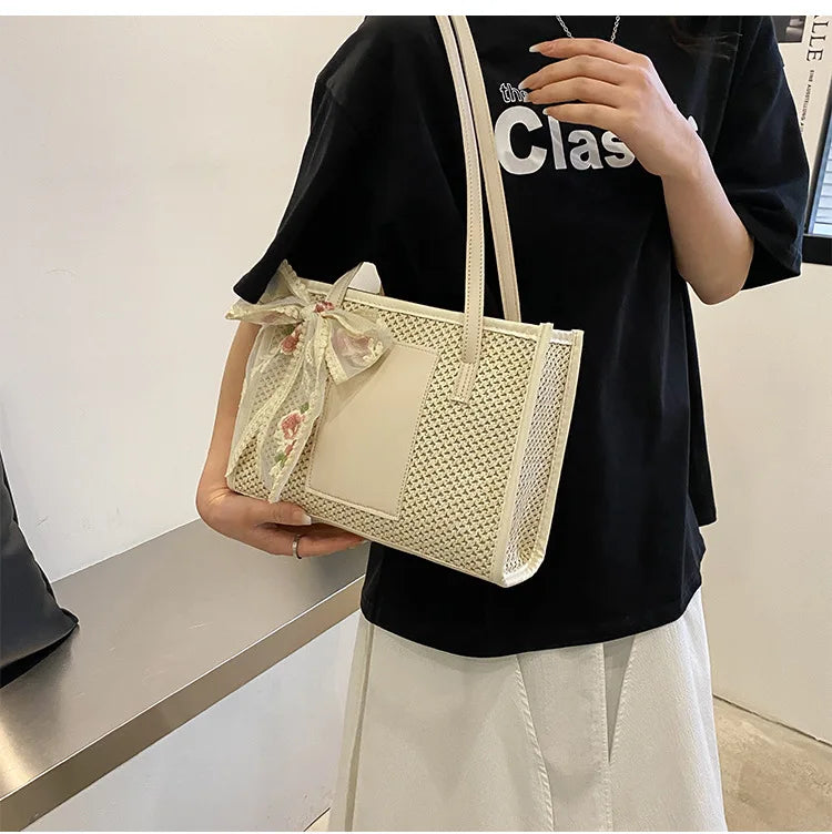 Trendy Lightweight Casual Bow Decor Straw Bag Hollow Out Knitted Flower Tote Bag Large Capacity Shoulder Bag For Teen Girl Women