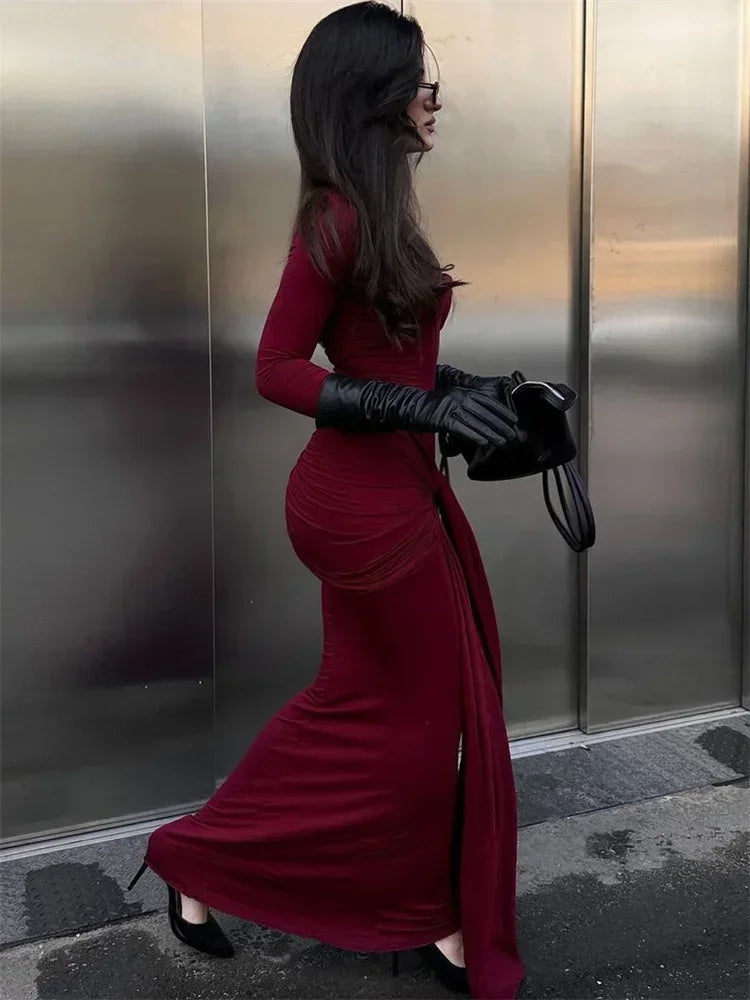 Tossy Female Pleated Sexy Maxi Dress Patchwork Twist Slim Long Sleeve Solid Y2k Autumn Streetwear Dress Women's Bodycon Dress
