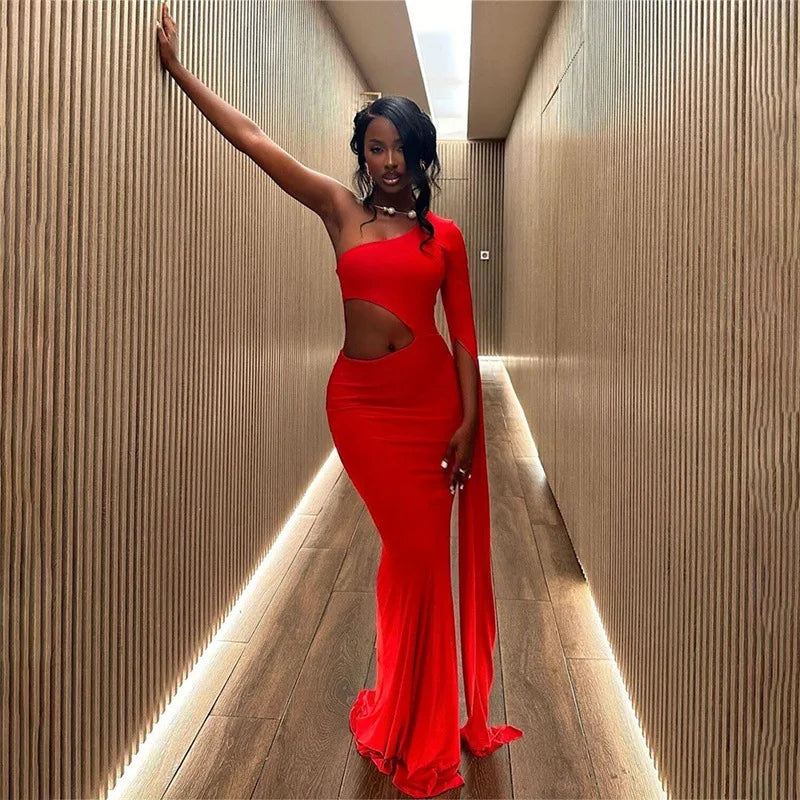 DSMTRC Solid Trend Incline Shoulder Lengthen Single Sleeve Hollow High Street Women Maxi Dress Sexy Elegant Vestidos Attirewear