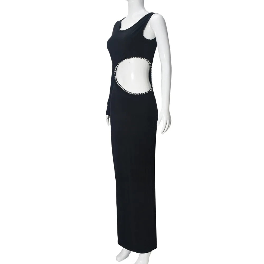 Joskaa Elegant Rhinestone Hollow Maxi Birthday Dress Woman Sexy O-Neck Single Sleeve Skinny Vestidos 2025 Evening Party Clubwear