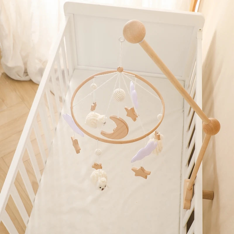 Baby Crib Mobile Bed Bell Rattle Toys Wooden Crochet Stars Pendant Bed Bell Toys Newborn Comfort Crib Bracket Hanging Toys Gifts