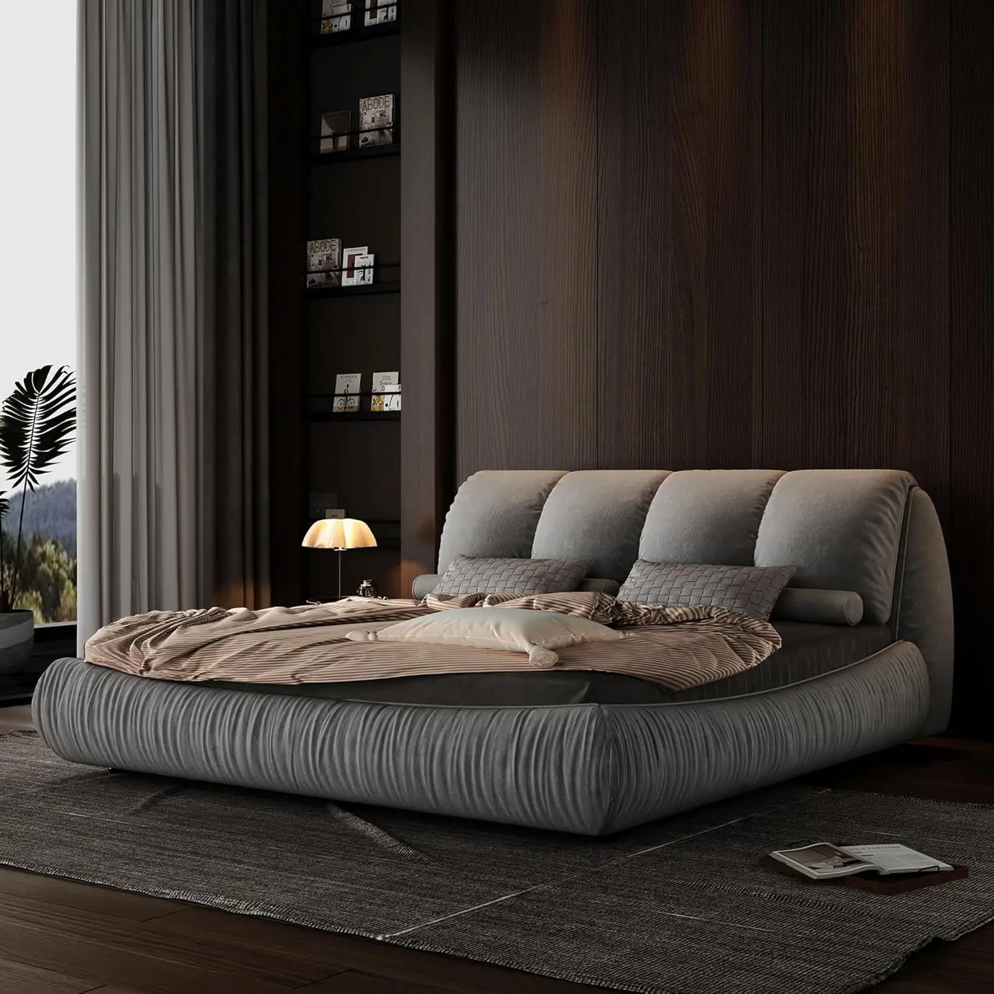 King Size Upholstered Platform Bed with Oversized Padded Backrest Headboard, Luxury Soft Cloud Bed Frame for Bedroom