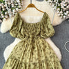 2024 New Summer Flower Print Long Dress Women Vintage Square Neck Ruched Chest Sash Bandage Sundress Party Vestidos