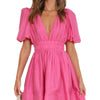 Women Summer Casual A-line Dress Solid Color Deep V-Neck Short Puff Sleeve Mini Dress Fashion Party Short Dress