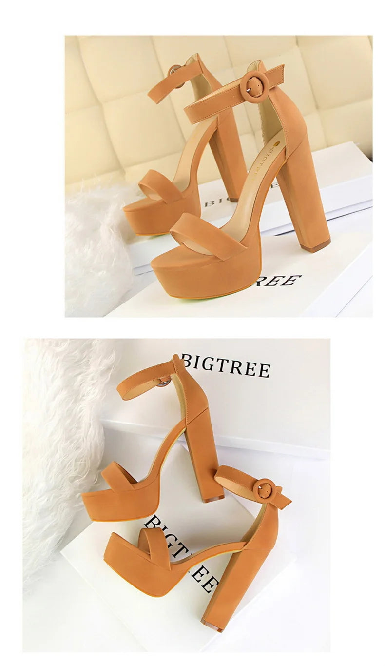 Fashion Women Pumps Sandals Summer Platform Belt Buckle Strap PU Square Heel Outdoor Korean Style Black Open Toe Grace 1550-1