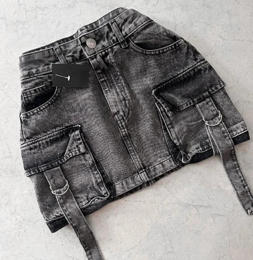 Harajuku Multiple Pockets Denim Plaid Skirt Vintage Goth Black Y2k Mini Skir Fashion Womens Casual Versatile Sexy Streetwear